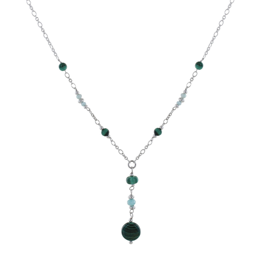 LES POULETTES BIJOUX Collier Chaine Argent Rhodié Six Perles de Malachite et Cinq Pe