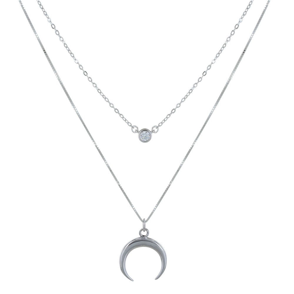 LES POULETTES BIJOUX Collier Double Argent Croissant de Lune et Zirconia