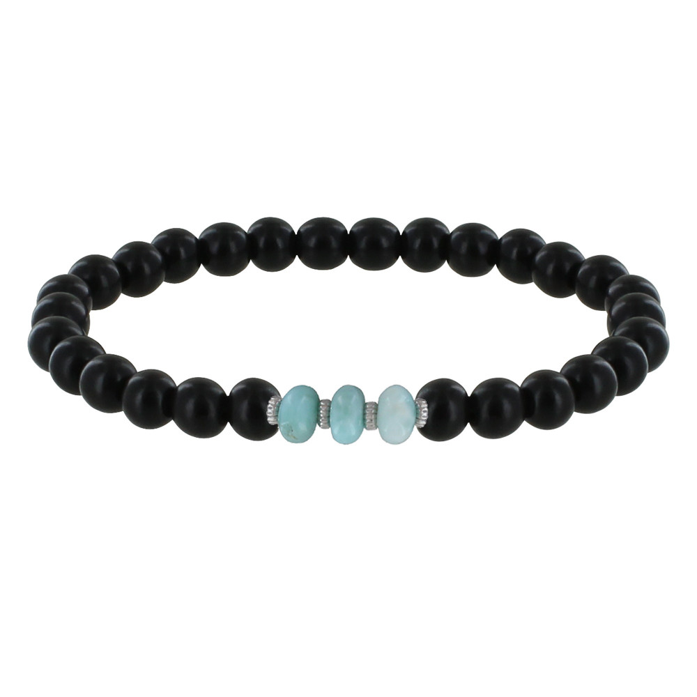 LES POULETTES BIJOUX Bracelet Femme Perles d'Ebènes Trois Anneaux de Larimar et Quat