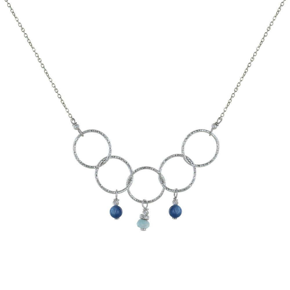 LES POULETTES BIJOUX Collier Argent Rhodié Cinq Anneaux Ciselés Deux Perles de Cyani