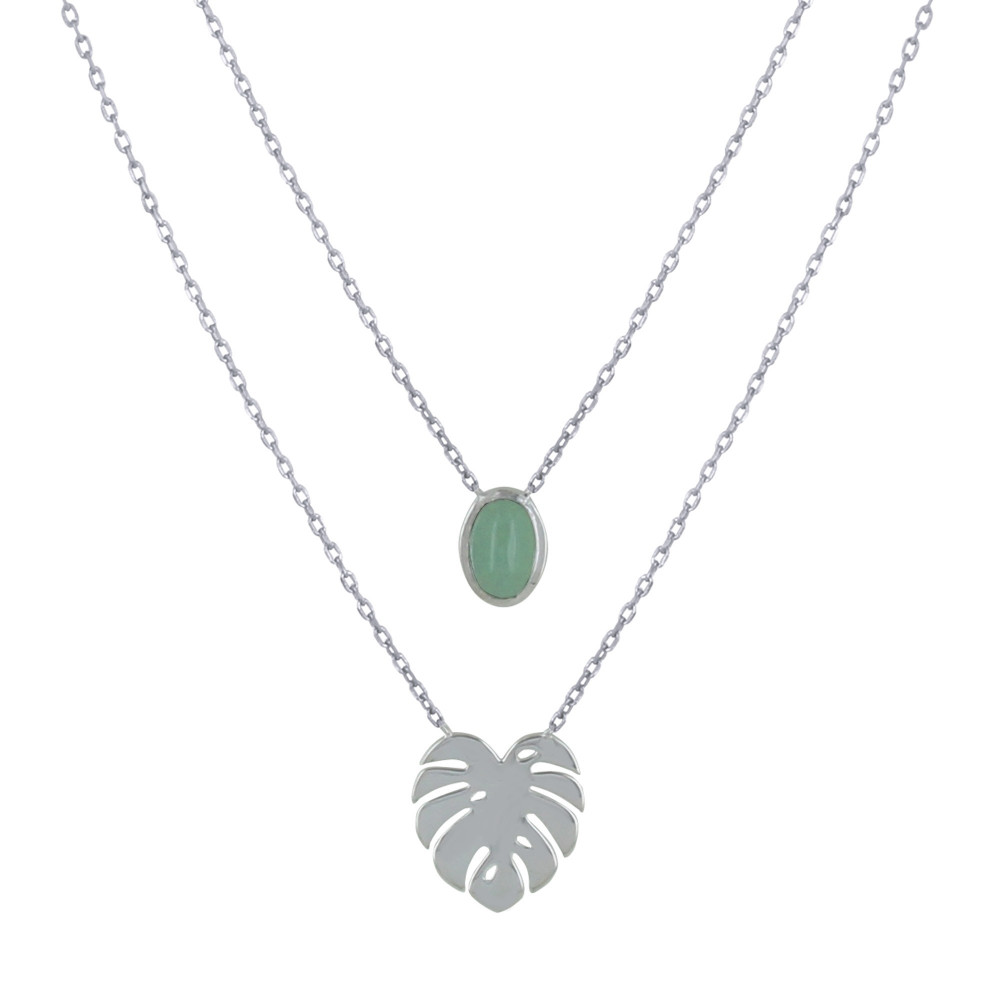 LES POULETTES BIJOUX Collier Double Chaine Argent 925 Rhodié Feuille et Ovale d'Aven