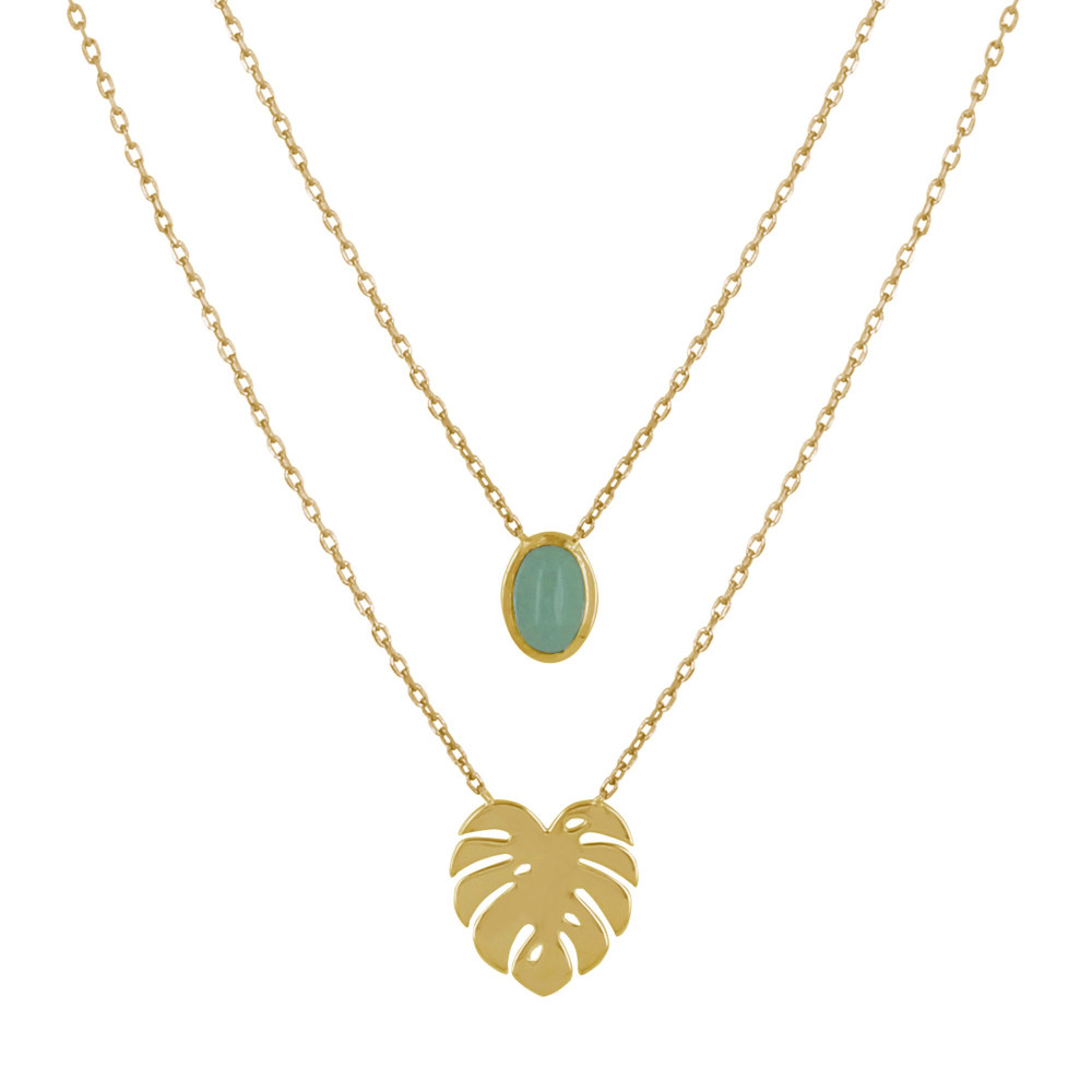 LES POULETTES BIJOUX Collier Double Chaine Plaqué Or Feuille et Ovale d'Aventurine