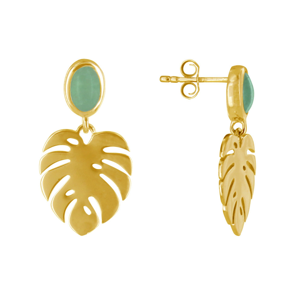 LES POULETTES BIJOUX Boucles d'Oreilles Plaqué Or Feuille et Ovale d'Aventurine