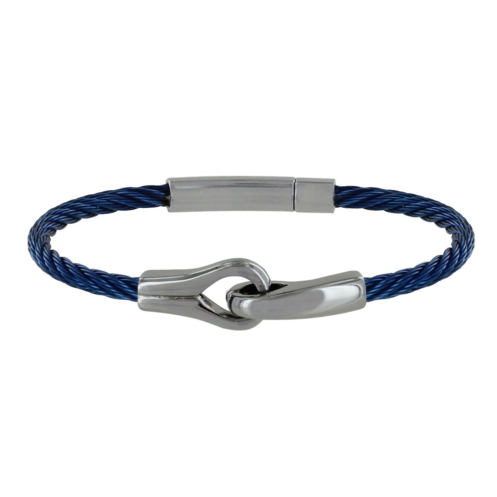 LES POULETTES BIJOUX Bracelet Homme Acier Torsadé Rigide Bleu et Deux Boucles