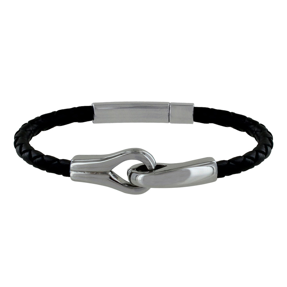 LES POULETTES BIJOUX Bracelet Homme Cuir Torsadé Noir et Deux Boucles Acier