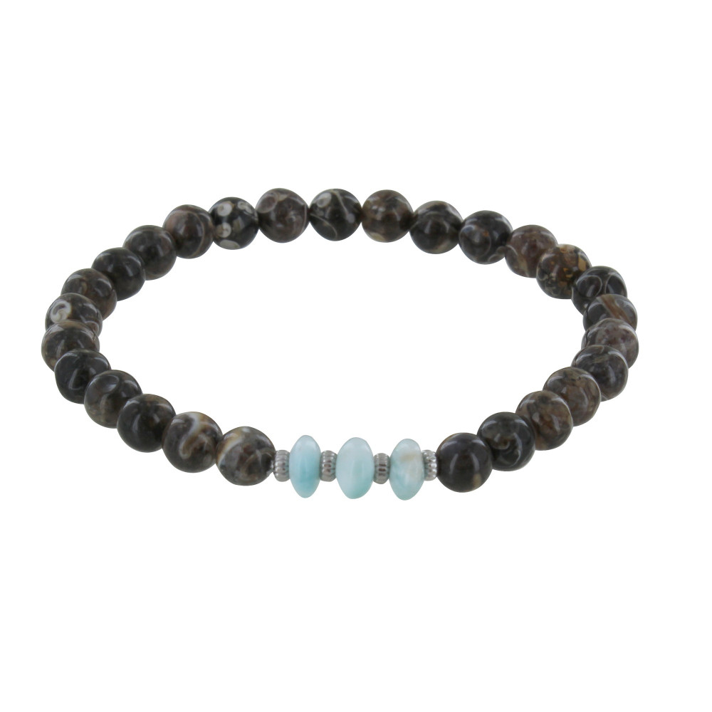 LES POULETTES BIJOUX Bracelet Femme Perles Agate Marron Trois Anneaux de Larimar et