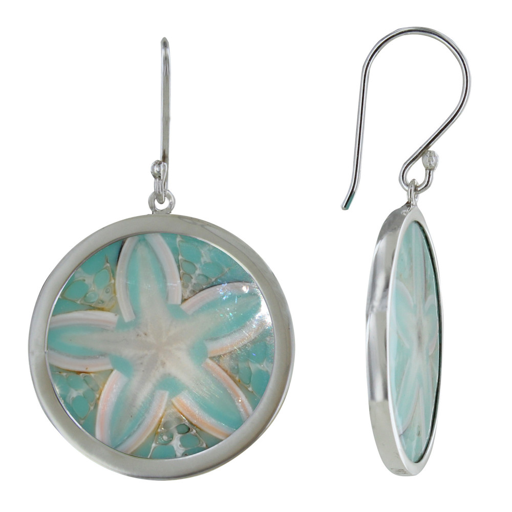 LES POULETTES BIJOUX Boucles d'Oreilles Argent Rond Coquillage Vert d'Eau Fleur Doll