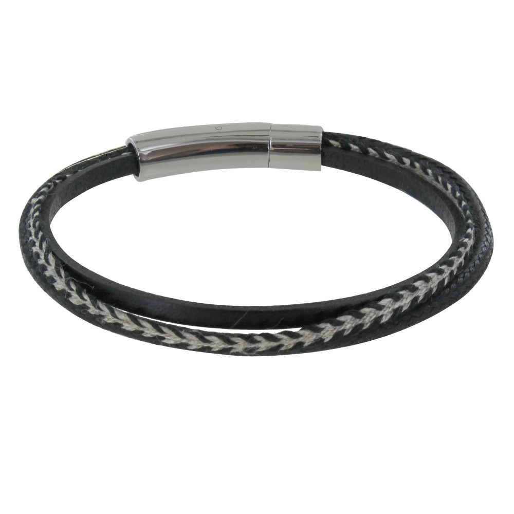 LES POULETTES BIJOUX Bracelet Homme Cuir Noir Trois Liens