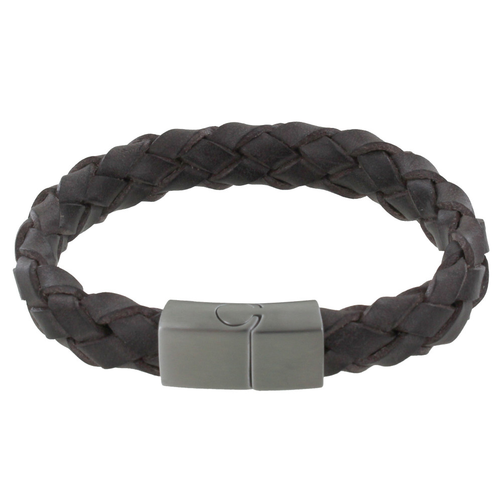 LES POULETTES BIJOUX - Bracelet Homme Cuir Large Tresse Marron Foncé - taille 21 cm