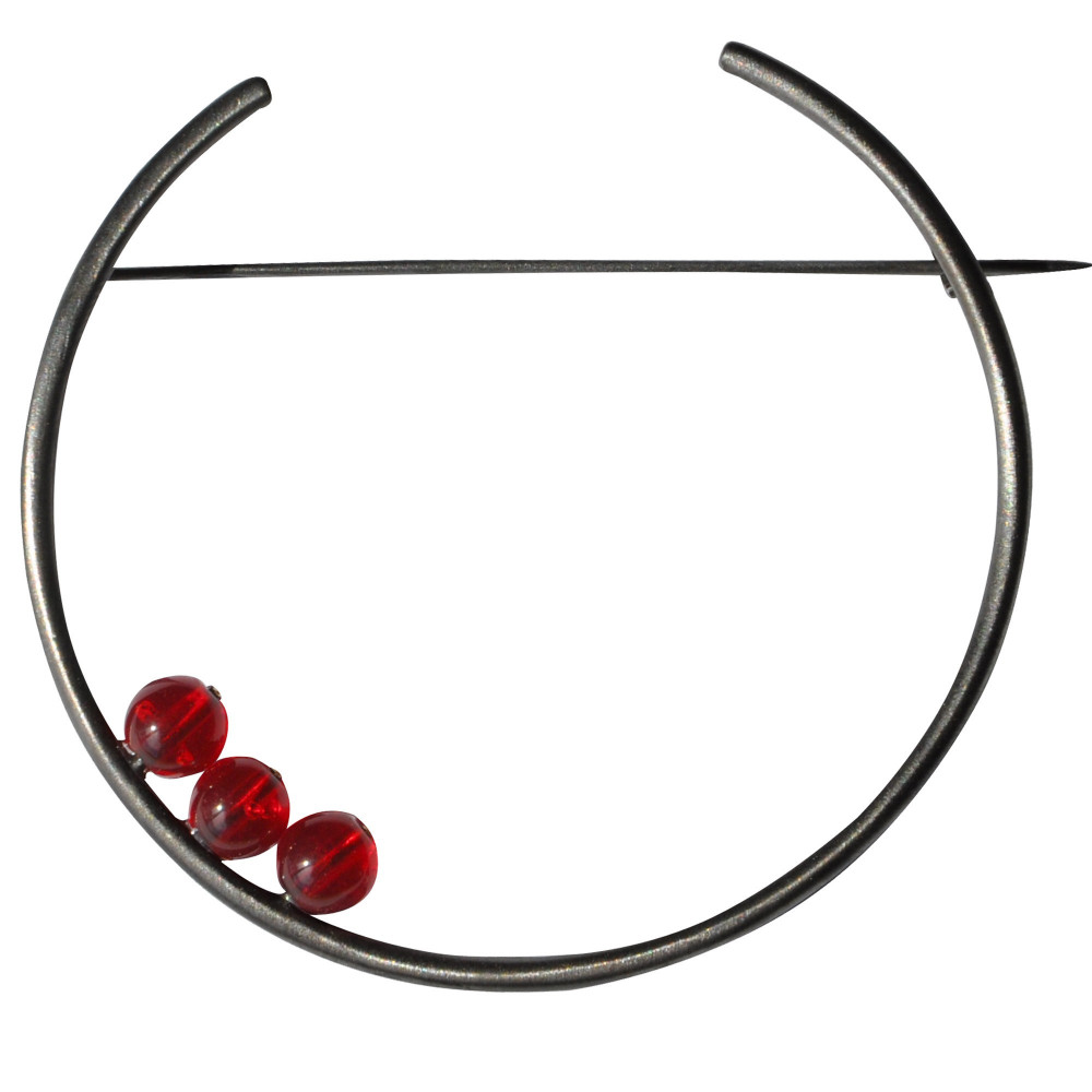 LES POULETTES BIJOUX Broche Ruthénium Ronde et Trois Perles de Verre - Rouge