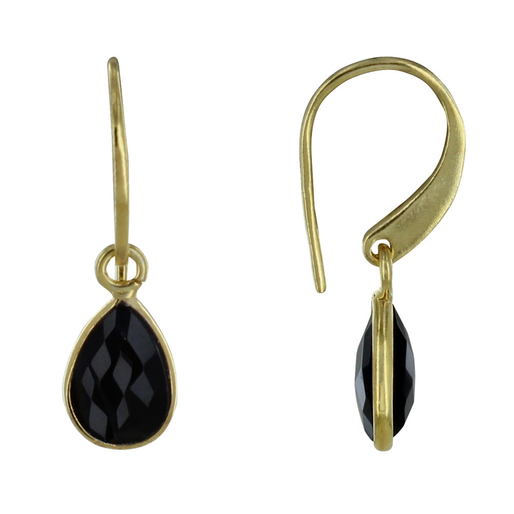 LES POULETTES BIJOUX Boucles d'Oreilles Argent Doré Petite Goutte d'Onyx Noir Facetté
