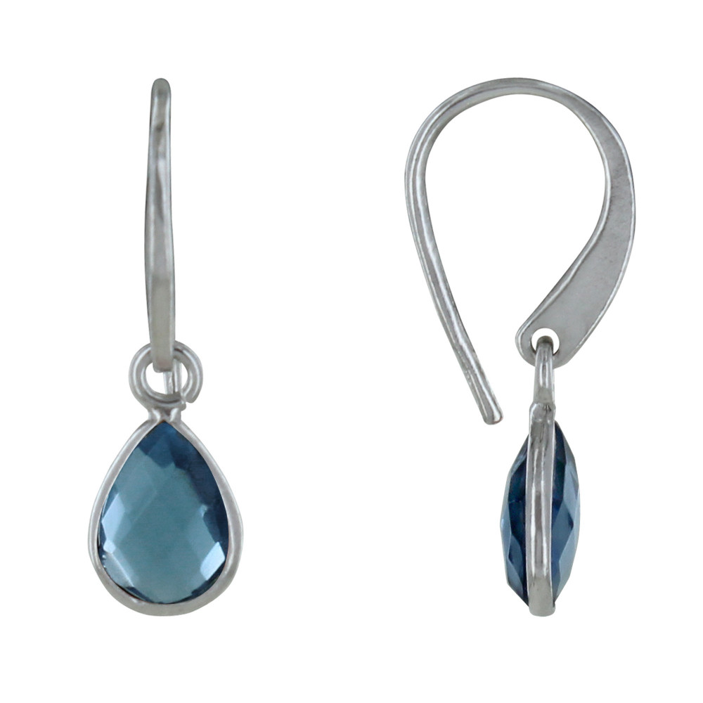 LES POULETTES BIJOUX Boucles d'Oreilles Argent Rhodié Petite Goutte de Cristal Bleue