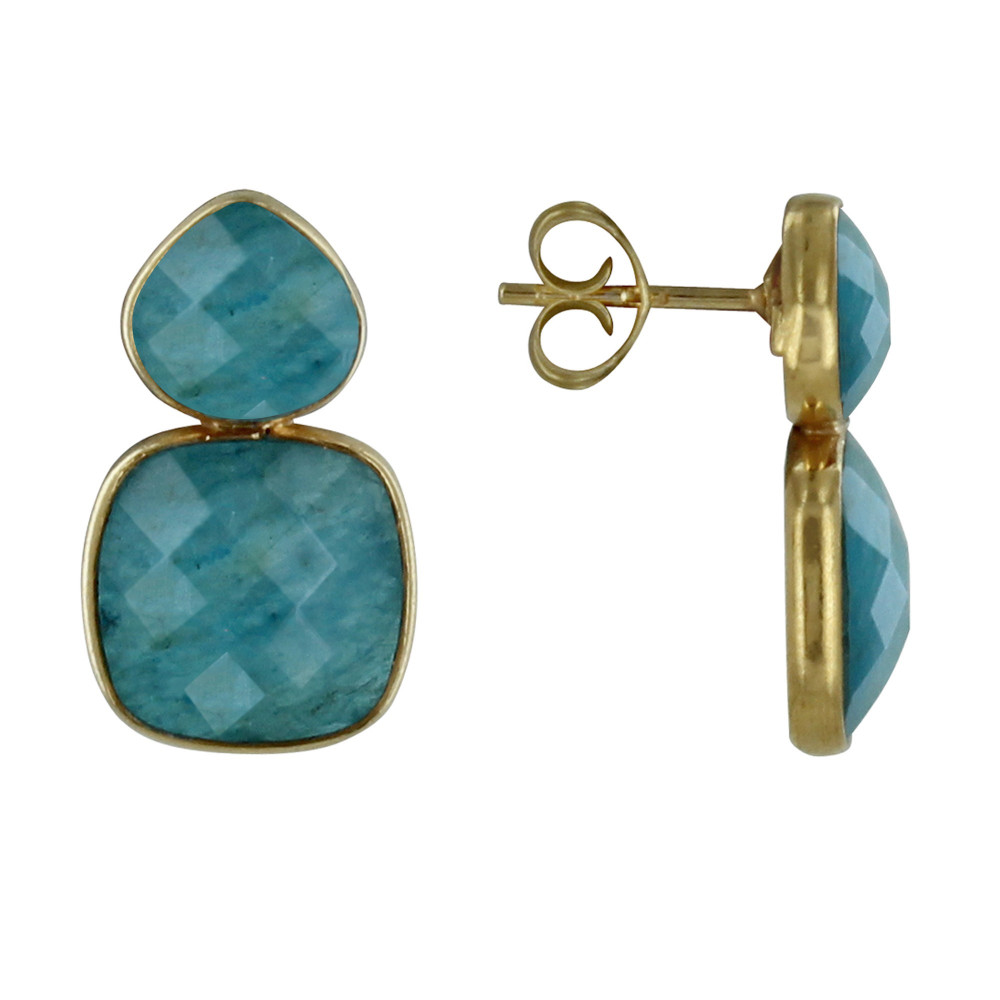 LES POULETTES BIJOUX Boucles d'Oreilles Argent Doré Ovale et Carré d'Apatite Facetté