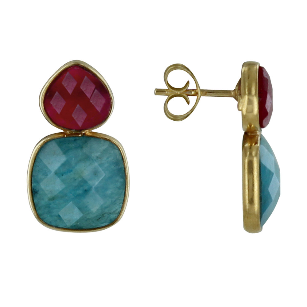 LES POULETTES BIJOUX Boucles d'Oreilles Argent Doré Ovale Calcédoine Fuchsia et Carr
