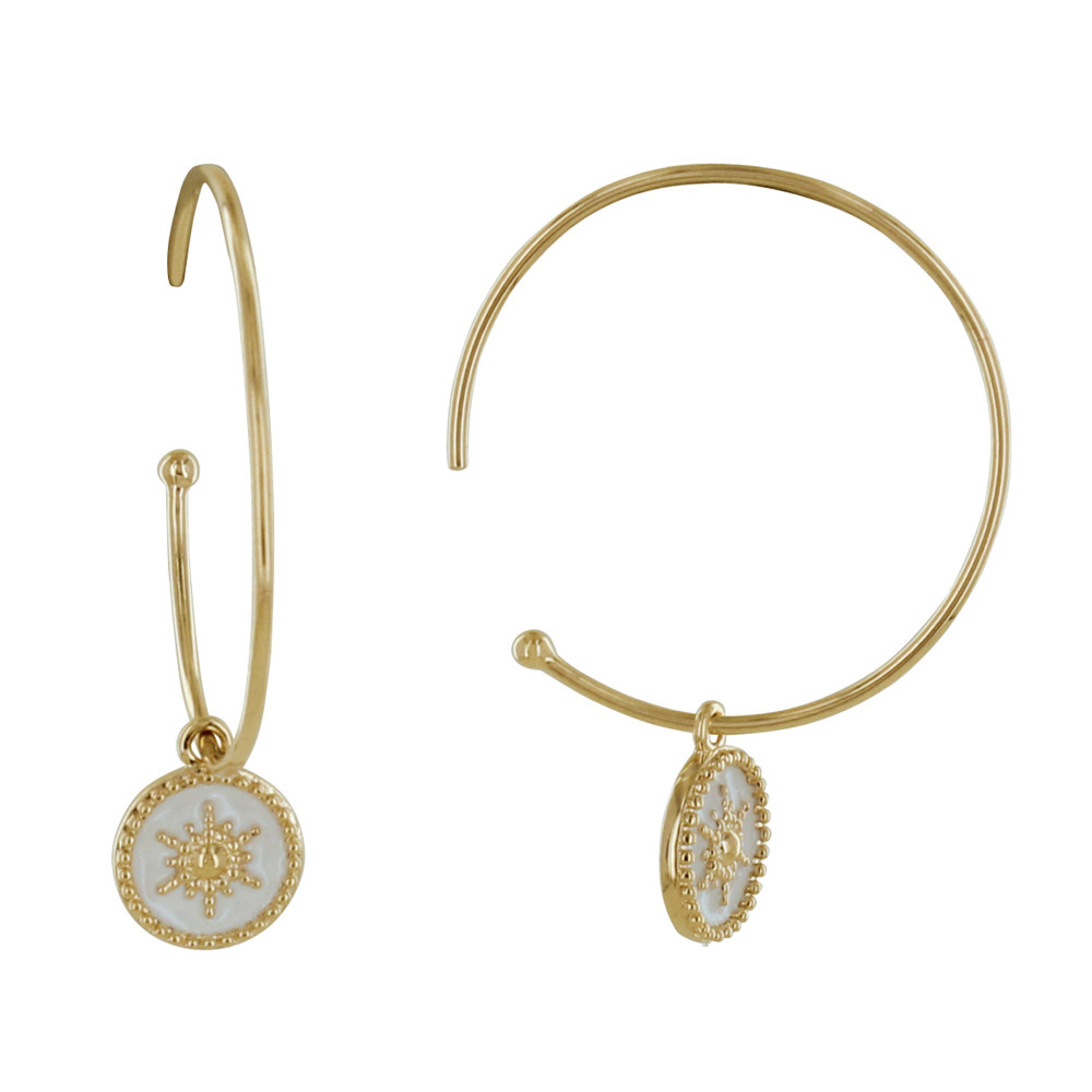 LES POULETTES BIJOUX - Boucles d'Oreilles Plaqué Or Demi Créoles Soleil Émail Blanche