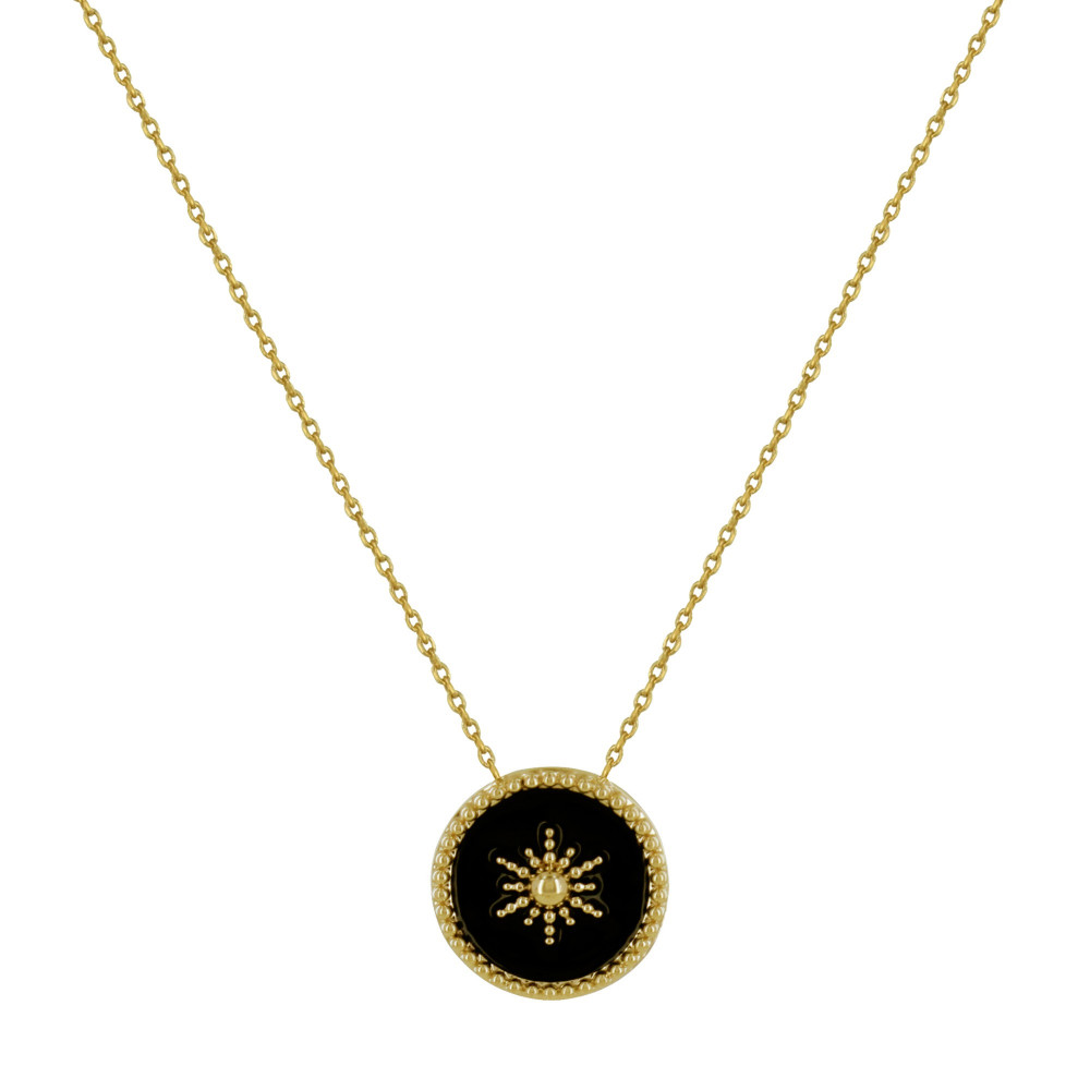 LES POULETTES BIJOUX Collier Plaqué Or Soleil Émail Noire