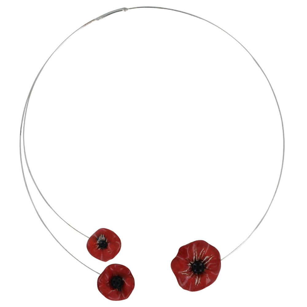 LES POULETTES BIJOUX Collier Ras de Cou Torque Métal Trois Coquelicots Avec Pistil C