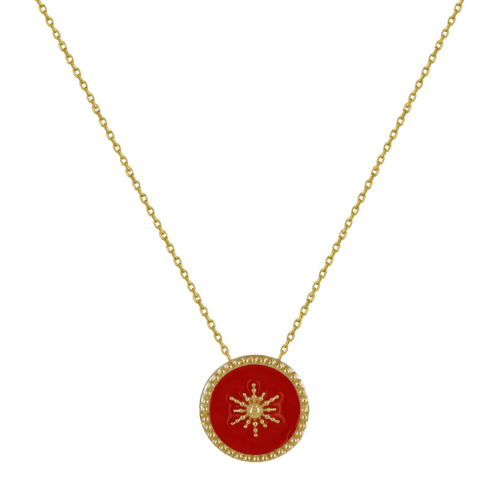 LES POULETTES BIJOUX Collier Plaqué Or Soleil Émail Corail