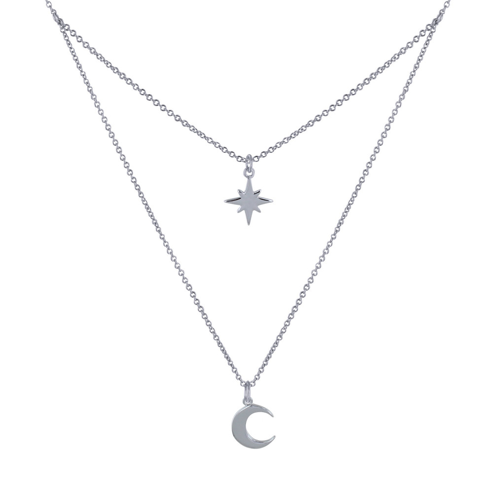 LES POULETTES BIJOUX Collier Double Chaine Argent Rhodié Etoile Polaire et Croissant