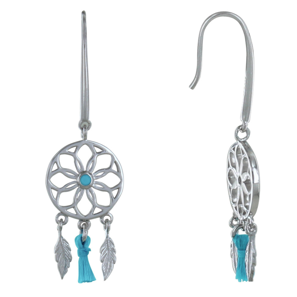 LES POULETTES BIJOUX Boucles d'Oreilles Argent Rhodié Attrape Rêve et Pompon Turquoi