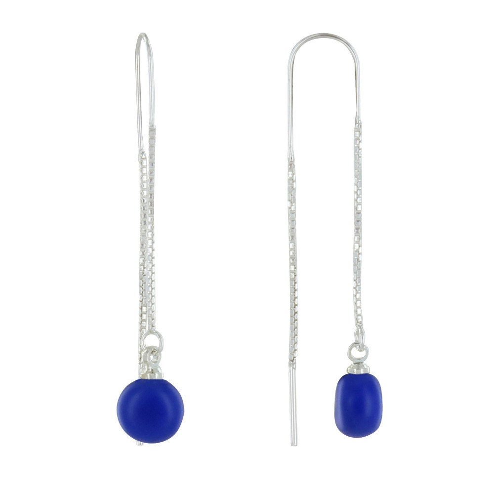 LES POULETTES BIJOUX Boucles d'Oreilles Chainette Argent et Perle Céramique - Bleu