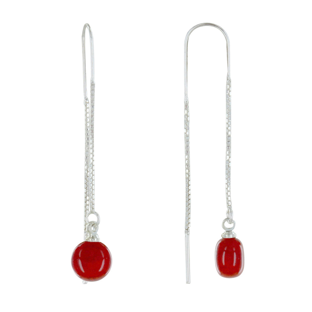 LES POULETTES BIJOUX Boucles d'Oreilles Chainette Argent et Perle Céramique - Rouge