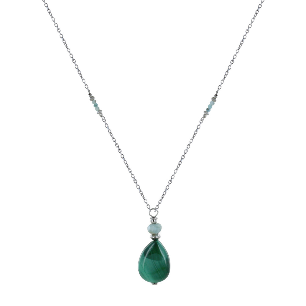 LES POULETTES BIJOUX Collier Chaine Argent Rhodié Goutte de Malachite et Petites Per
