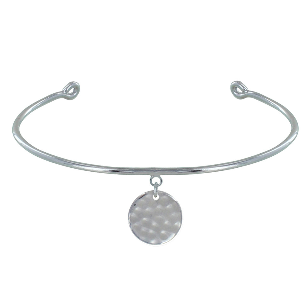 LES POULETTES BIJOUX Bracelet Argent Rhodié Demi Jonc Médaille Ronde Martelée