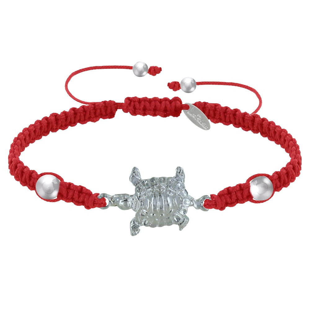 LES POULETTES BIJOUX Bracelet Tortue Métal Argenté 10 Microns Lien Tréssé - Rouge