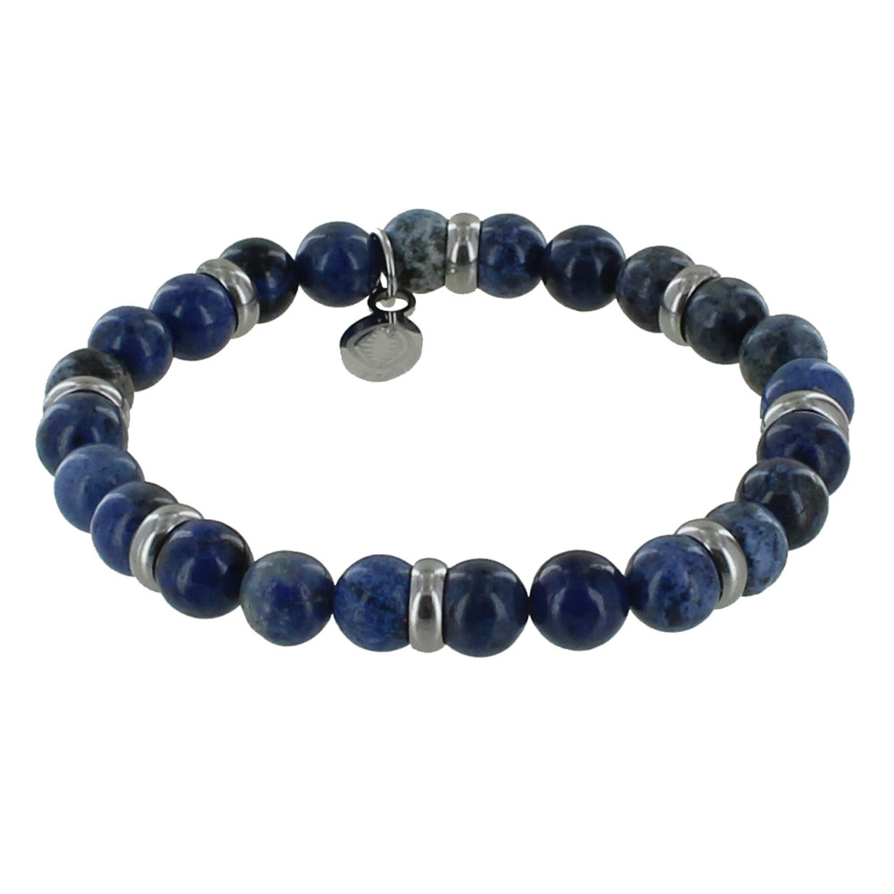 LES POULETTES BIJOUX Bracelet Elastique Anneau Acier et Perles Jaspe Bleu