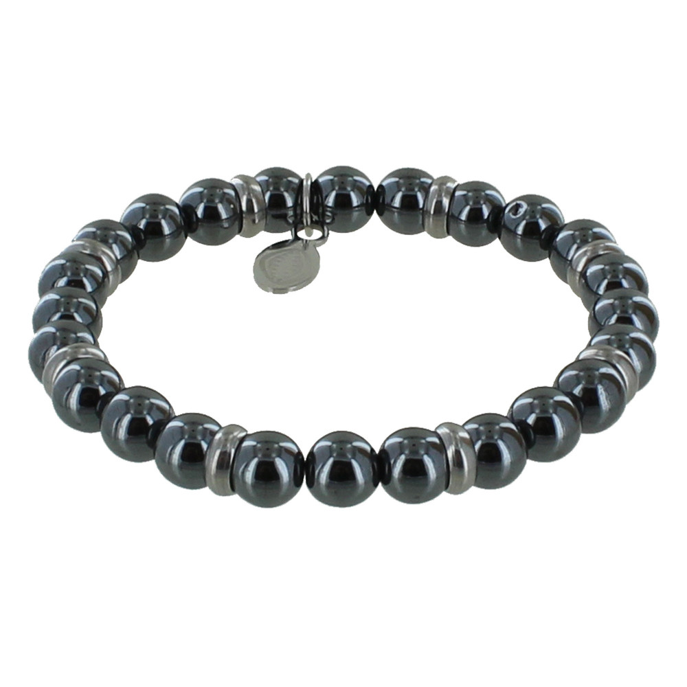 LES POULETTES BIJOUX Bracelet Elastique Anneau Acier et Perles Hématite