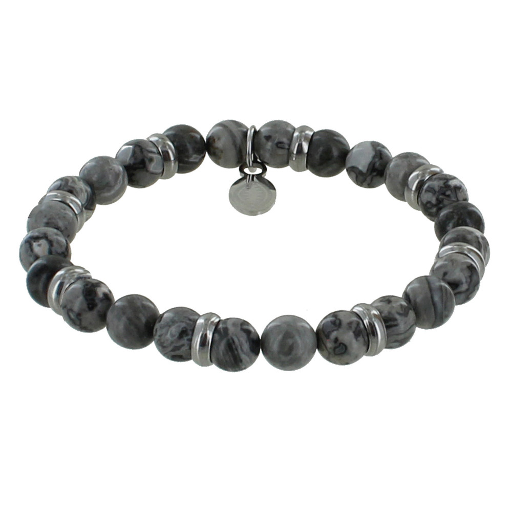 LES POULETTES BIJOUX Bracelet Elastique Anneau Acier et Perles Jaspe Gris