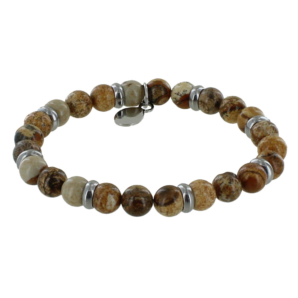LES POULETTES BIJOUX Bracelet Elastique Anneau Acier et Perles Jaspe Marron