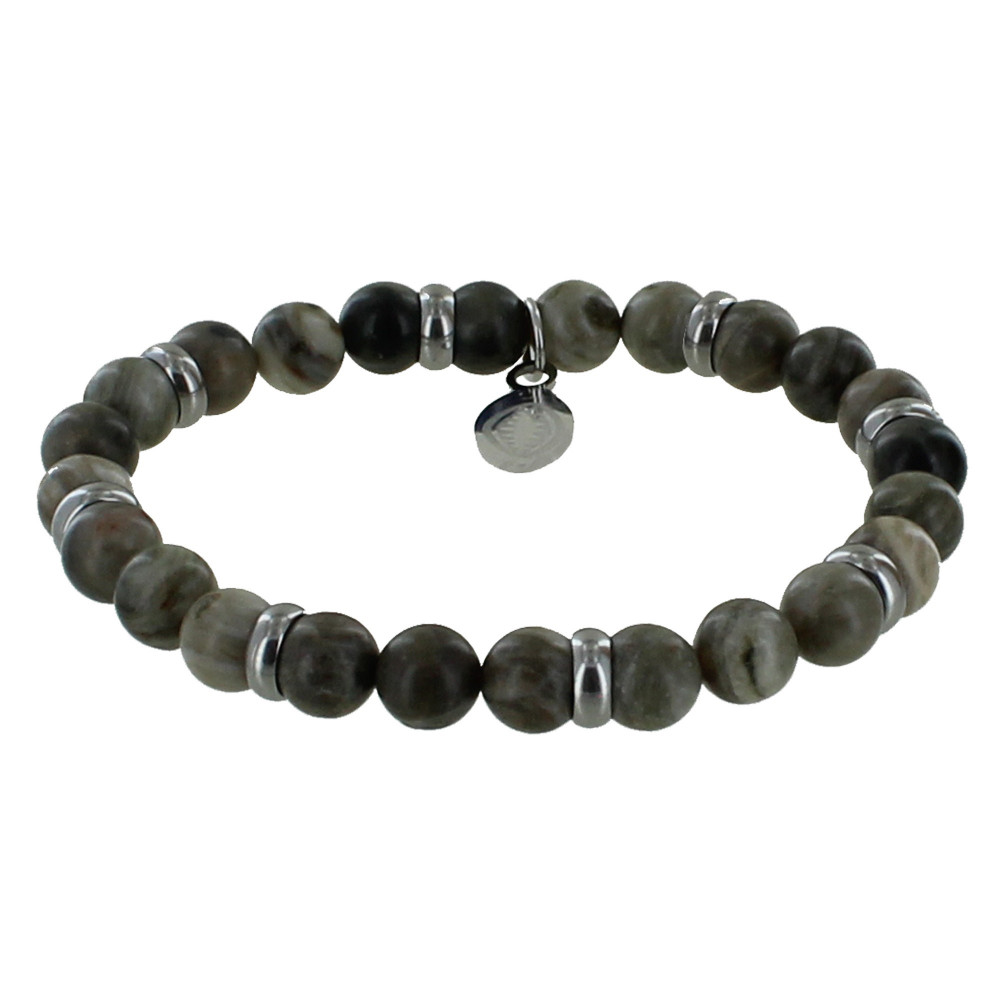 LES POULETTES BIJOUX Bracelet Elastique Anneau Acier et Perles Jaspe Kaki