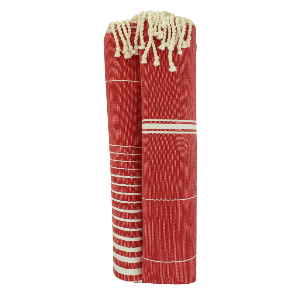 LES POULETTES BIJOUX Grand Fouta Drap Plage et Hammam Coton Couleur Rouge Lignes et