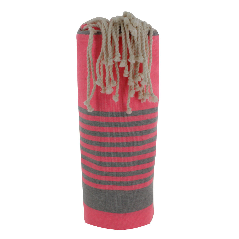 LES POULETTES BIJOUX Fouta Drap Plage et Hammam Coton Rose Fluo Bande et Petites Ray