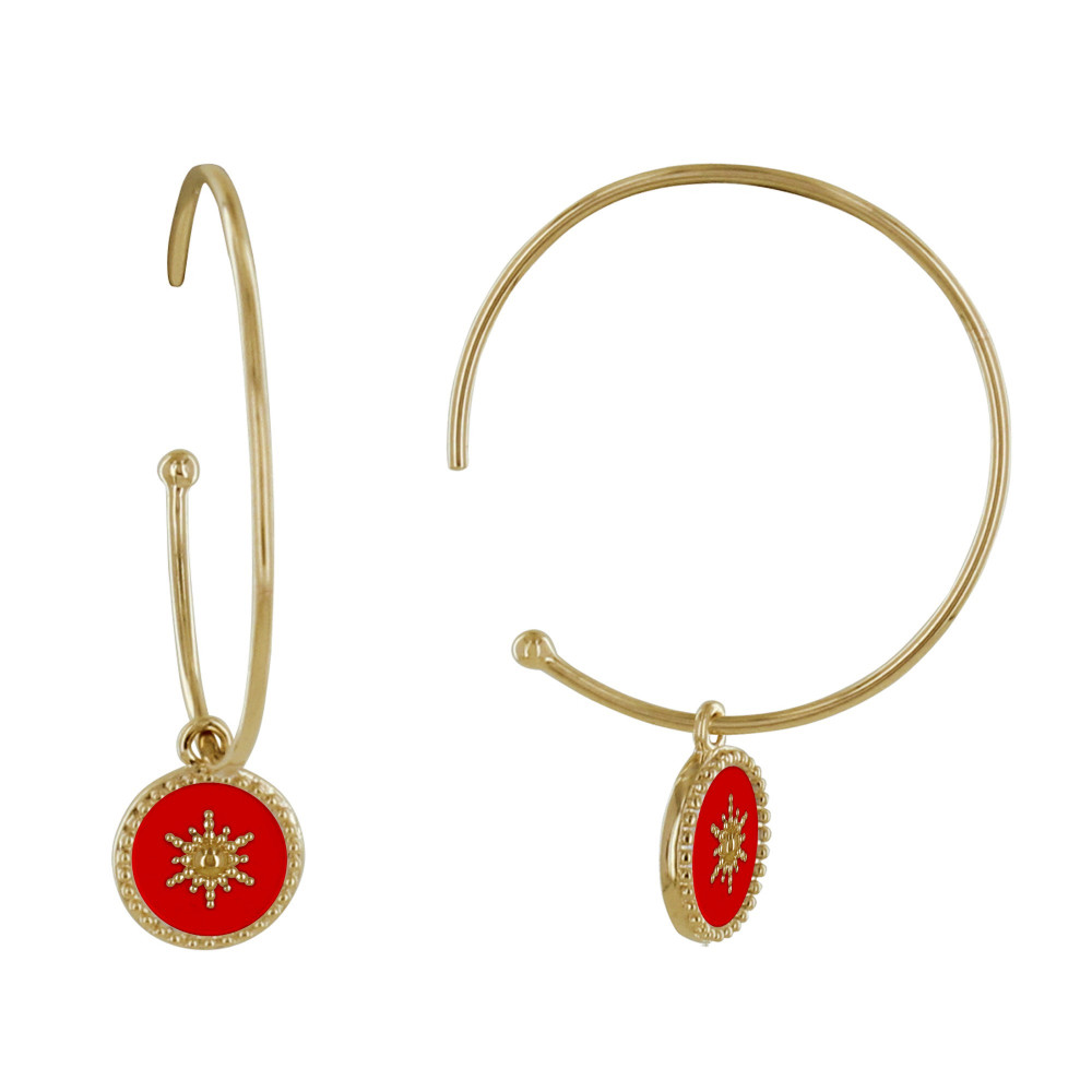 LES POULETTES BIJOUX - Boucles d'Oreilles Plaqué Or Demi Créoles Soleil Émail Corail