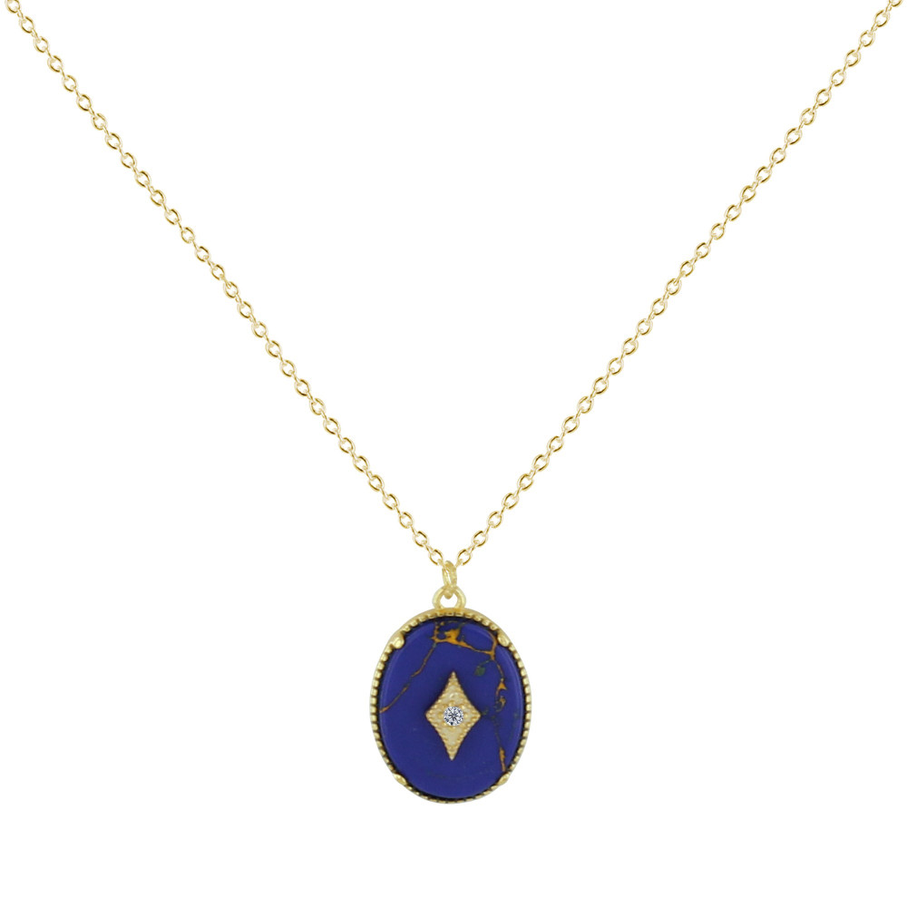 LES POULETTES BIJOUX Collier Argent Doré Ovale Résine Bleue Losange et Strass