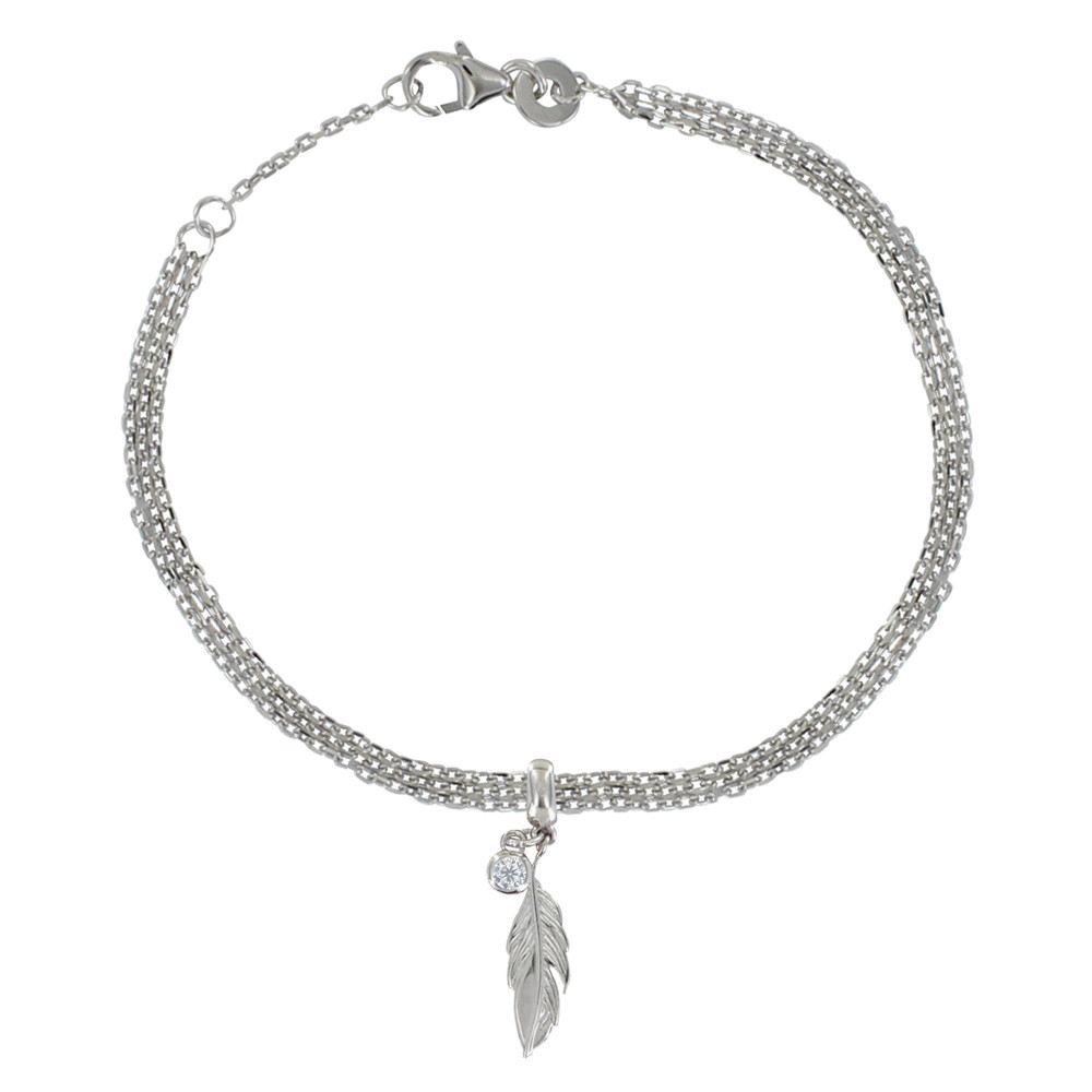 LES POULETTES BIJOUX Bracelet Argent 925 Rhodié Triple Chaines Plume et Strass