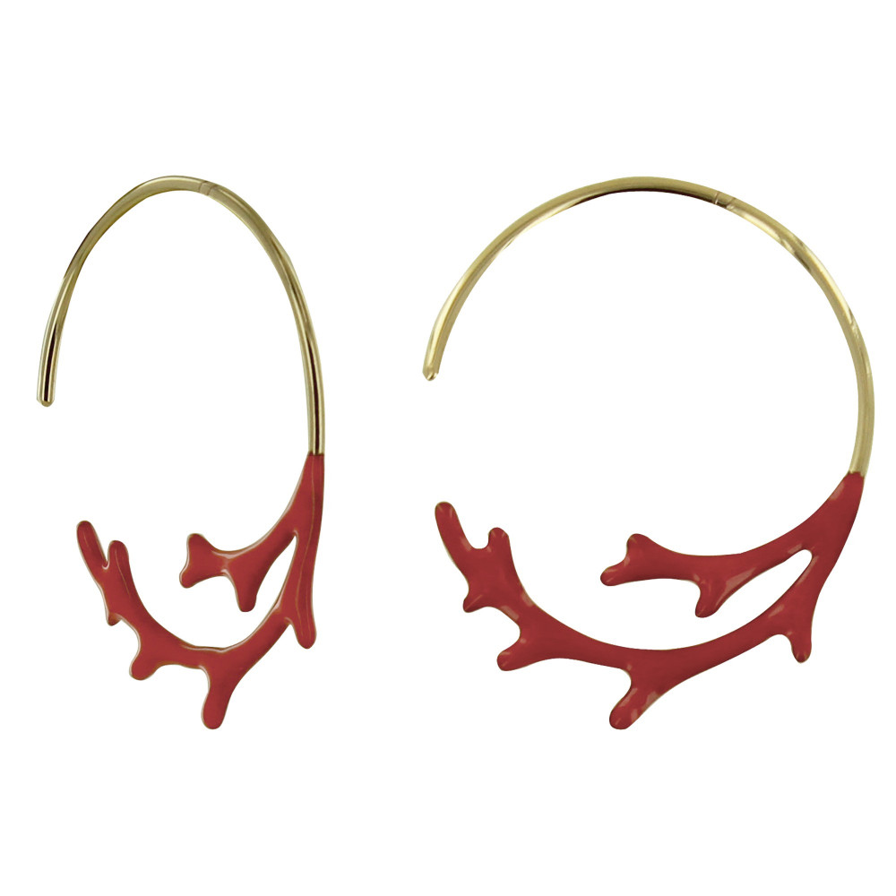 LES POULETTES BIJOUX Boucles d'Oreilles Plaqué Or Demi Créoles Corail Emaillé Rouge