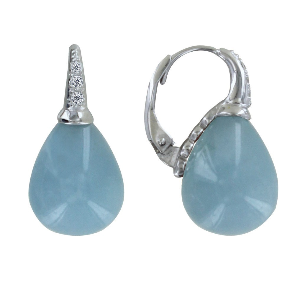 LES POULETTES BIJOUX Boucles d'Oreilles Argent Dormeuse Poire Aigue Marine et Strass