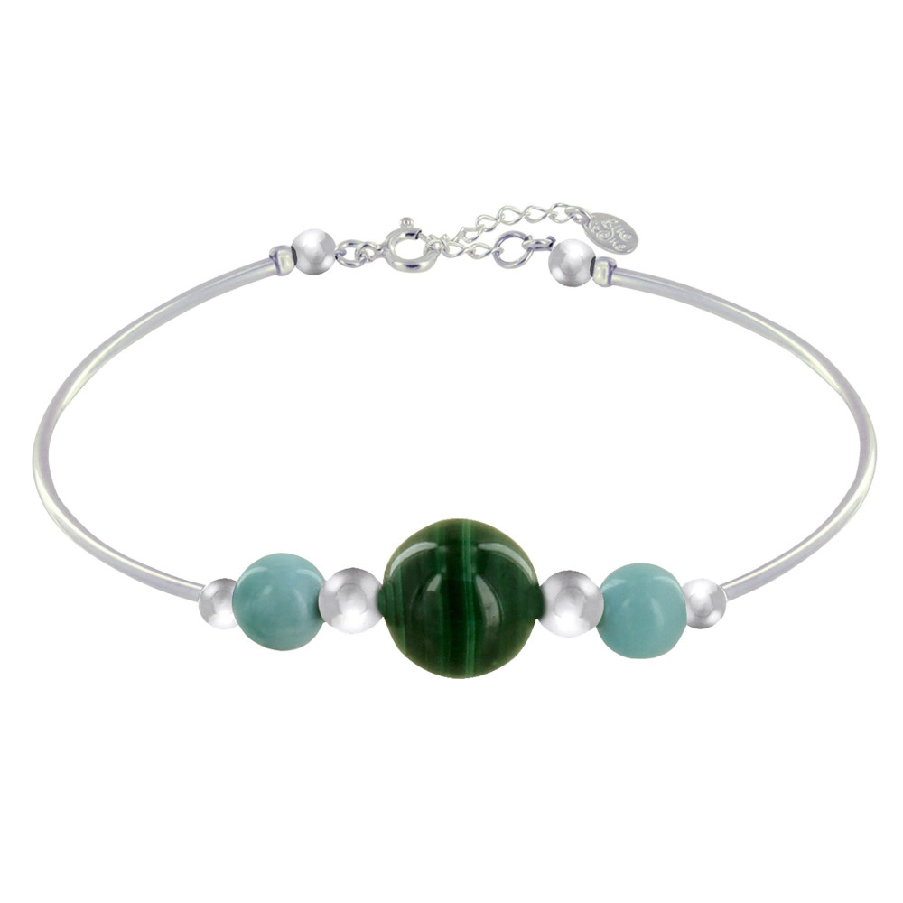 LES POULETTES BIJOUX - Bracelet Tubes Argent Une Perle de Malachite et Deux Perles d
