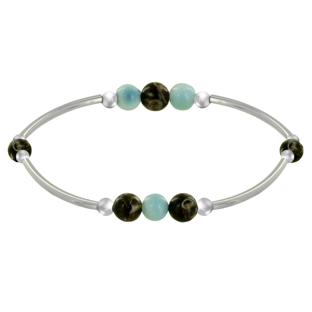 LES POULETTES BIJOUX Bracelet Elastique Tubes Argent Rhodié Trois Perles de Larimar