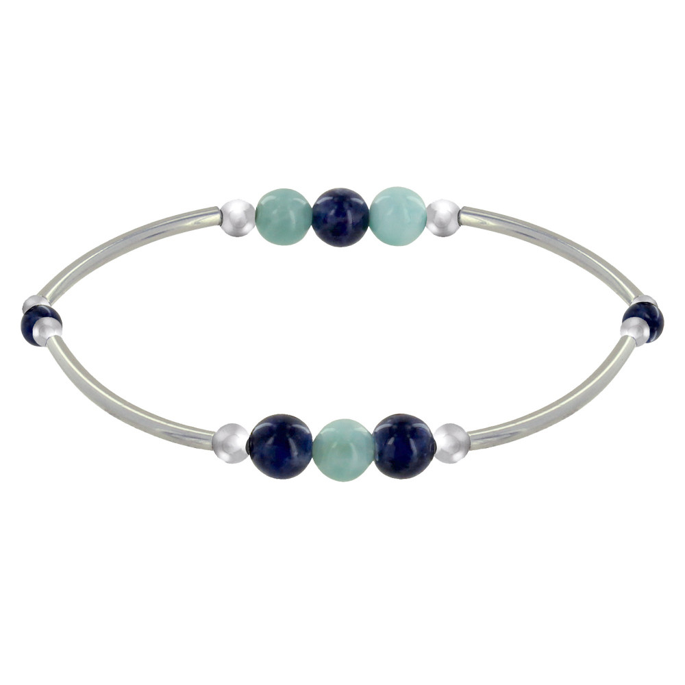 LES POULETTES BIJOUX Bracelet Elastique Tubes Argent Rhodié Trois Perles de Larimar