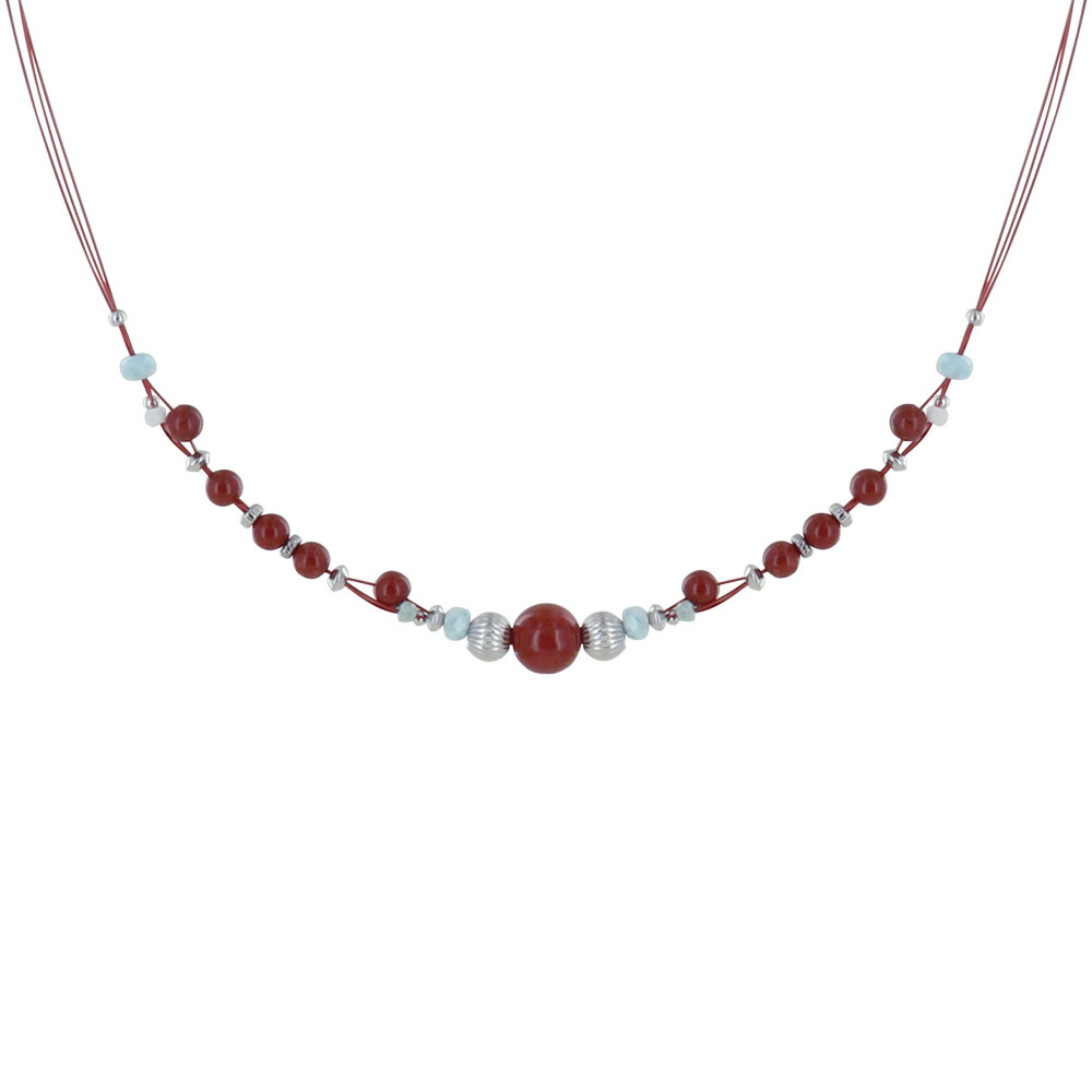 LES POULETTES BIJOUX Collier Câbles Rouges Perles de Jaspe Rouge et Anneaux Facettés