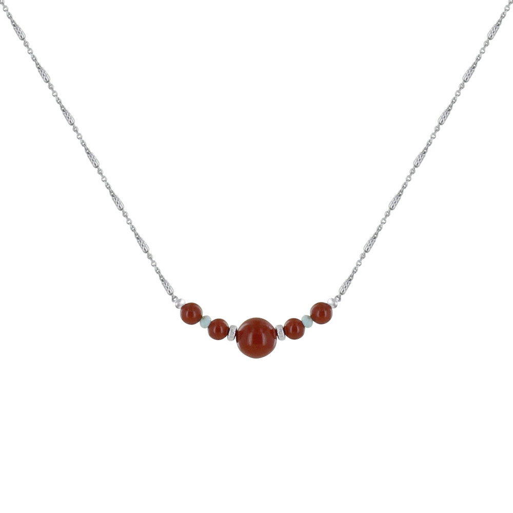 LES POULETTES BIJOUX Collier Chaine Argent Rhodié Cinq Perles de Jaspe Rouge et Deux