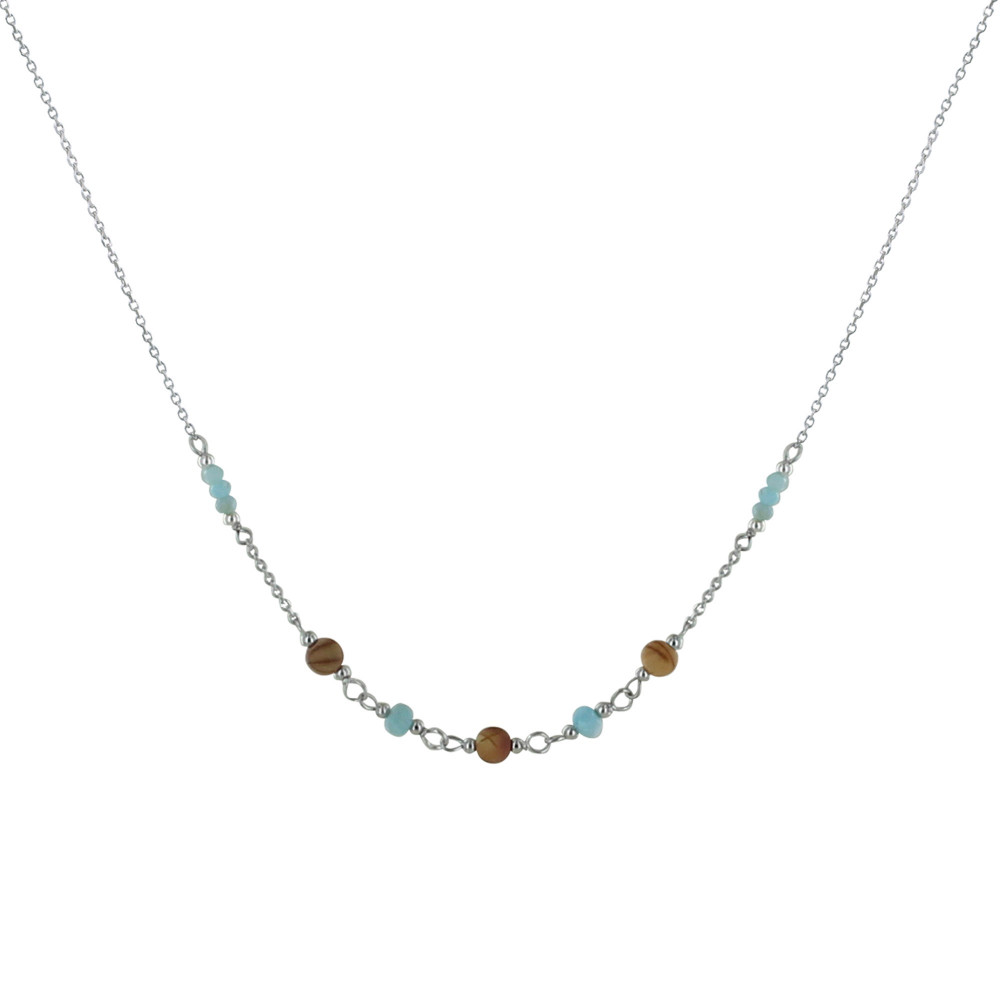 LES POULETTES BIJOUX Collier Chaine Argent Rhodié Trois Perles de Jaspe Picasso et H