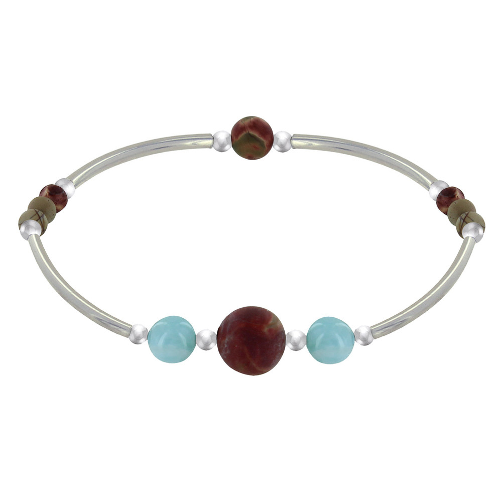 LES POULETTES BIJOUX Bracelet Elastique Tubes Argent Rhodié Deux Perles de Larimar 8