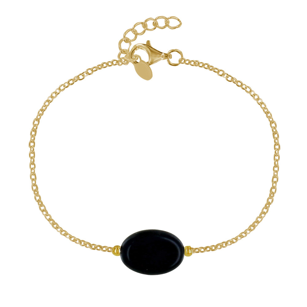 LES POULETTES BIJOUX Bracelet Plaqué Or Pierre Ovale d'Agate Noire