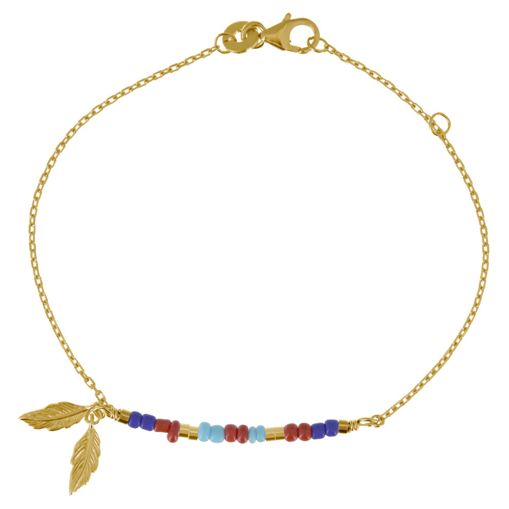 LES POULETTES BIJOUX Bracelet Plaqué Or Petite Plume et Perles Bleu Rouge Turquoise